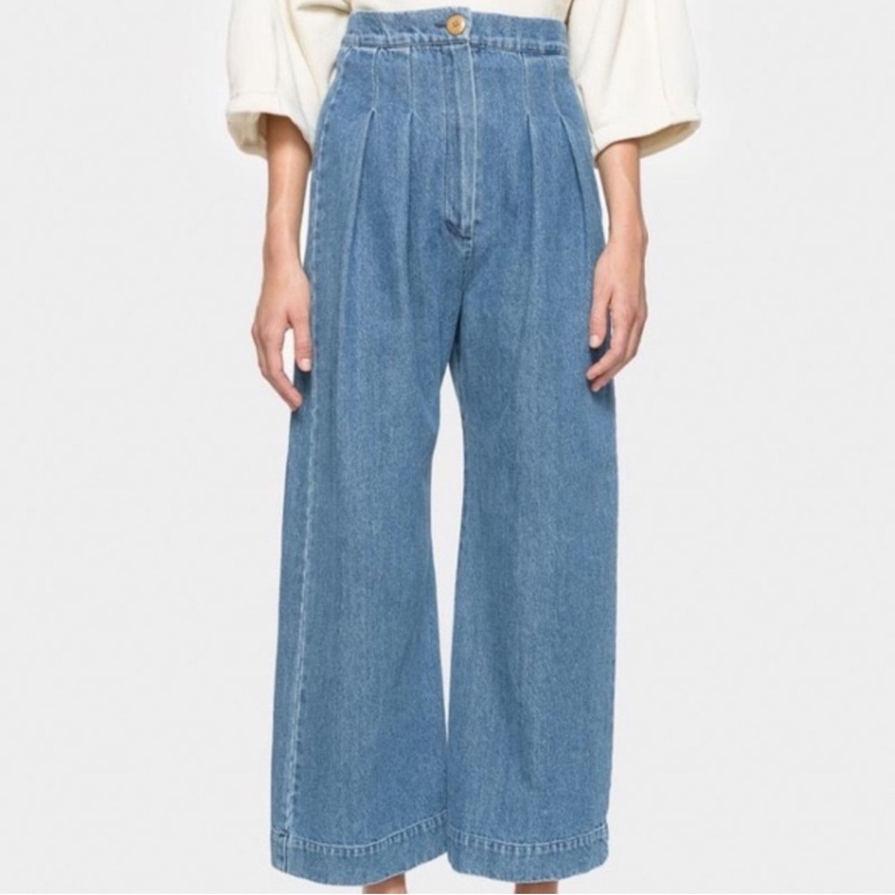 Ilana Kohn Classic Pleated Wide-Leg Denim — Light Blue